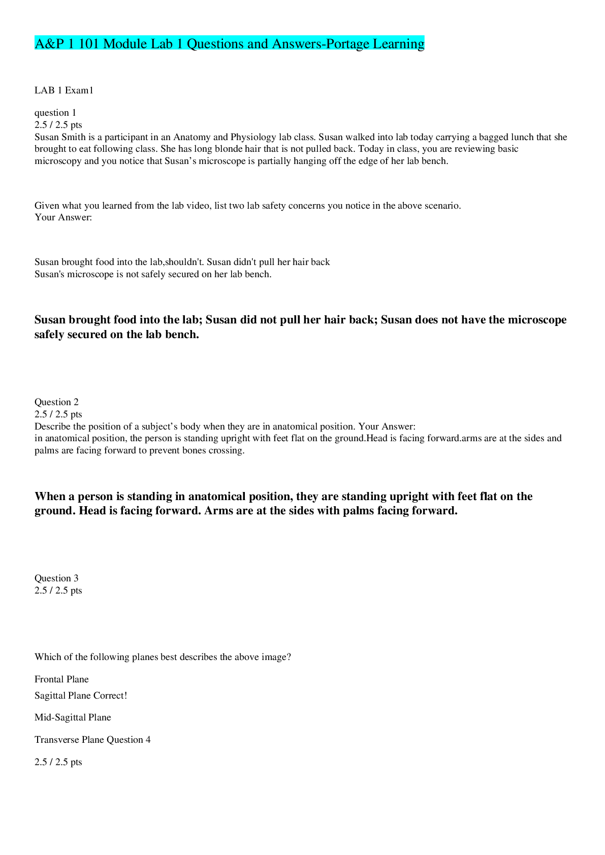 A&P 1 101 Module Lab 1 Exam 1 Questions and Answers-Portage Learning